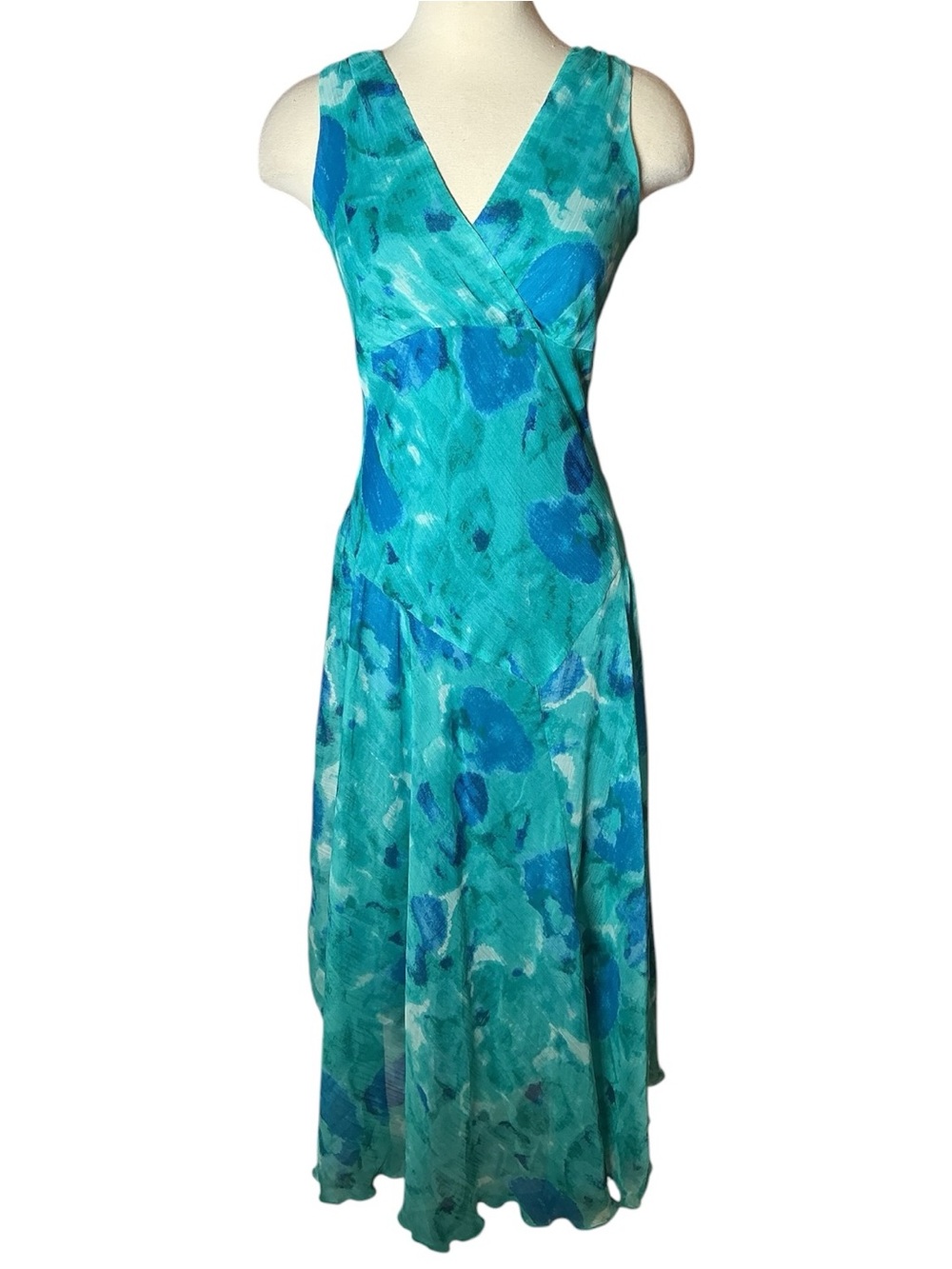 Vintage Y2K Dressbarn Drop Waist V-neck Sleeveless Watercolor Maxi Dress